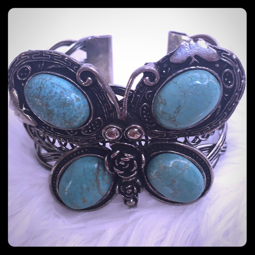 Silver Turquoise Butterfly Cuff Bangle Bracelet
